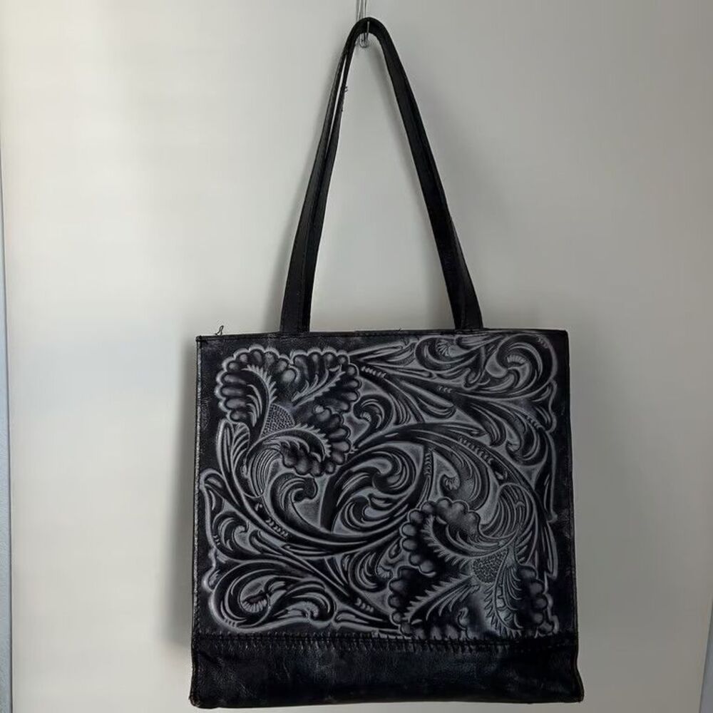 Patricia Nash Tooled Leather Tote Bag Black Silver Floral Western Shoulder Purse